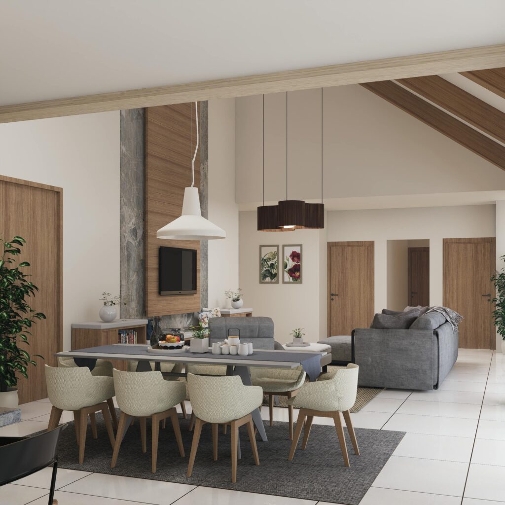 Elegant modern dining room with minimalist decor and wooden accents.